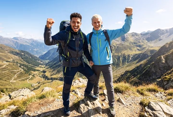 Twee mannen staan met een backpack op trots op een berg die ze net hebben beklommen