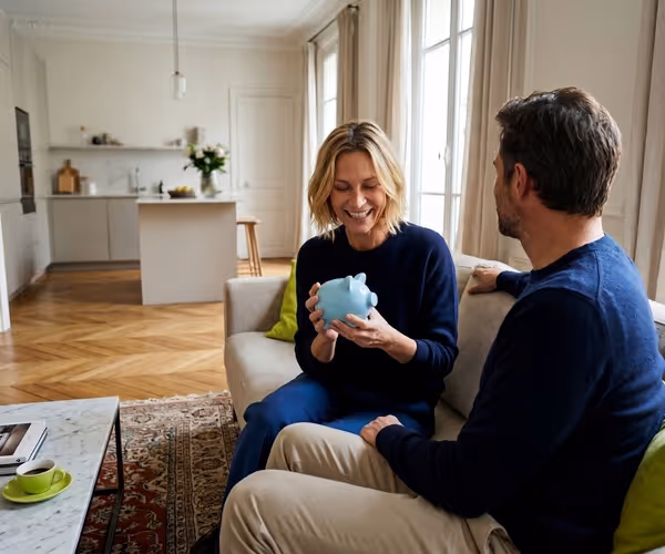 Een man en vrouw zitten lachend op de bank met een blauw spaarvarken in hun handen