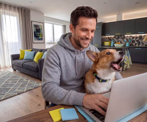 Een man zit achter zijn laptop met zijn hond op schoot