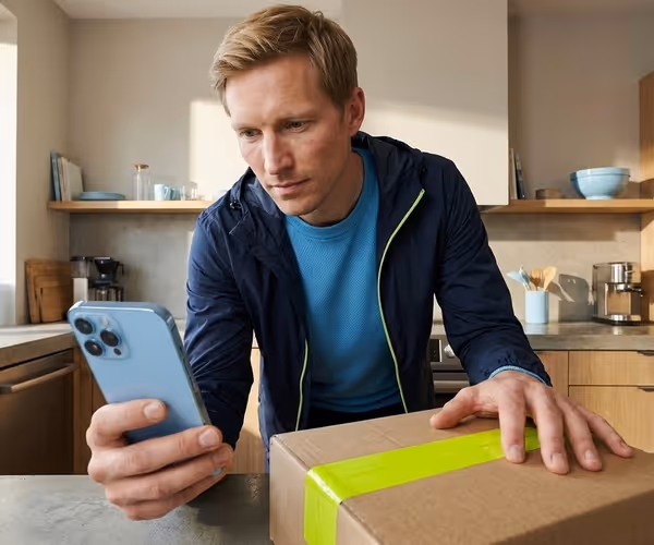 Een man zit met een pakketje en zn telefoon in zijn hand