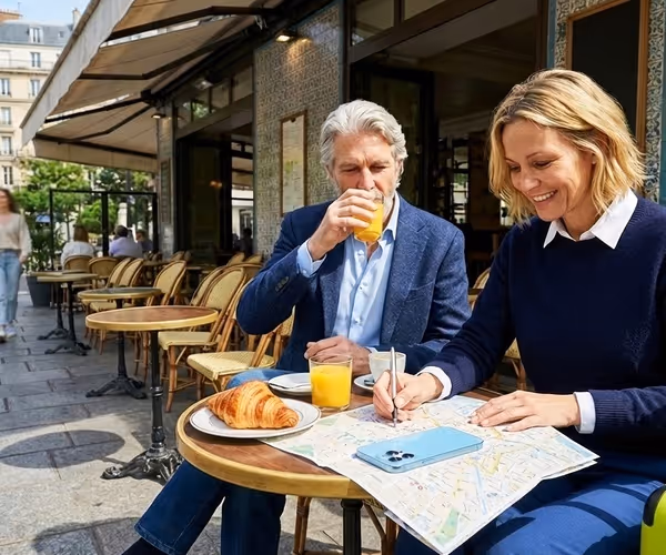 Een stel zit samen op een terras en kijkt op een landkaart