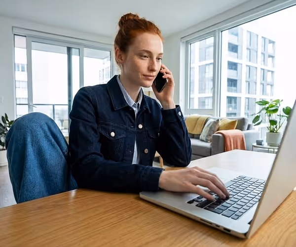 Een vrouw zit achter haar laptop met de telefoon aan haar oor
