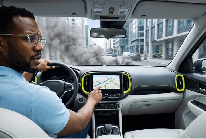 een man met een rokende motor in de auto
